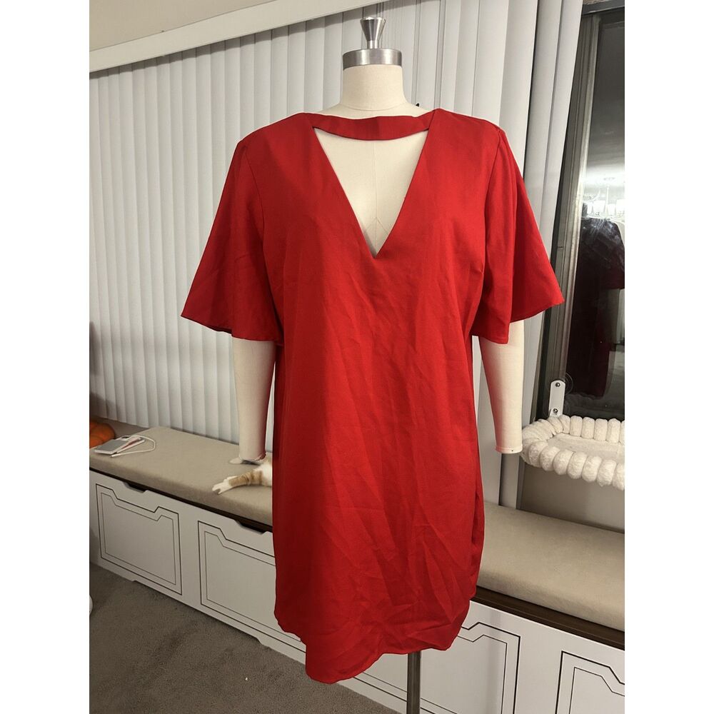 Boohoo Plus Red Choker V Neck Shift Dress Womens US 14 Frill Sleeve NWT Berry - Picture 3 of 7